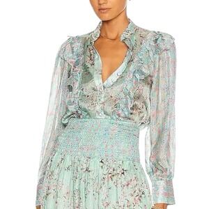 HEMANT & NANDITA Missima Blouse Button Up Shirt Floral Blue Metallic‎ Top Sz XS